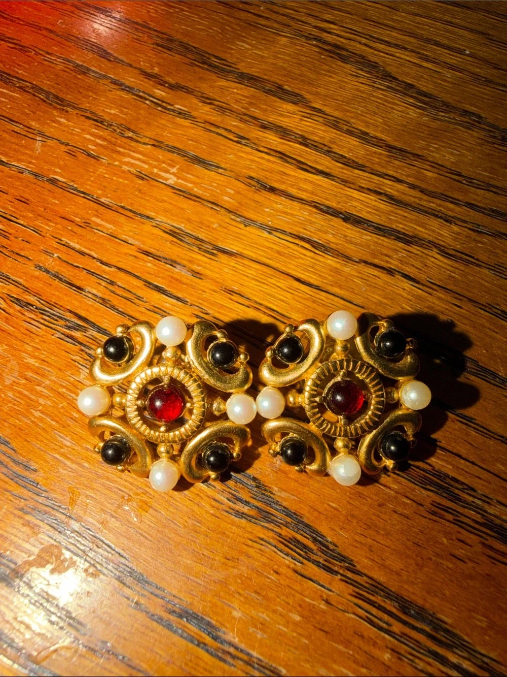 Hand Crafted Gold Tone Earrings with Red, Black and Pearl Accents